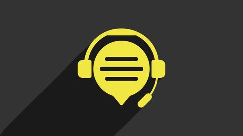 Yellow Headphones with speech bubble chat icon isolated on grey background. Support customer service, hotline, call center, faq, maintenance. 4K Video motion graphic animation.