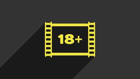 Yellow Play Video with inscription 18 plus icon isolated on grey background. Age restriction symbol. 18 plus content sign. Adult channel. 4K Video motion graphic animation.