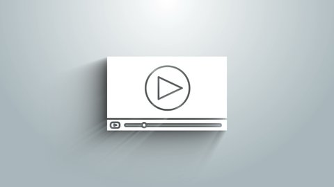 White Online play video icon isolated on grey background. Film strip with play sign. 4K Video motion graphic animation.