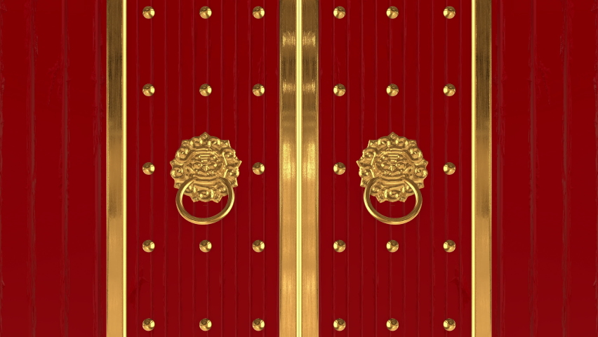 3D render of antique red Chinese door, with gold metal elements, opening on green screen.