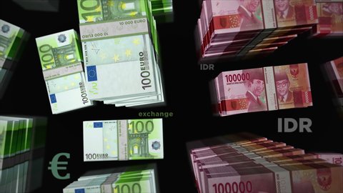 Euro and Indonesian Rupiah money exchange. Paper banknotes pack bundle. Concept of trade, economy, competition, crisis, banking and finance in Indonesia. Notes loopable seamless 3d animation.
