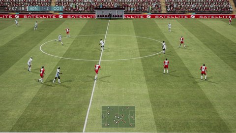 Animated Fake 3d Video Game. Soccer Gameplay. Two Teams Play In a Stadium Full Of Spectators. Shot On Goal. The Goalkeeper Catches The Ball