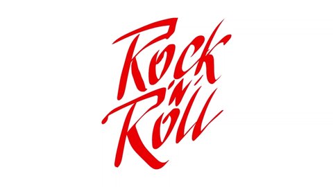 Rock n roll lettering. Red text color. White background. Musical style. 2D animation. Logo. Isolated. Rock music. Calligraphy.