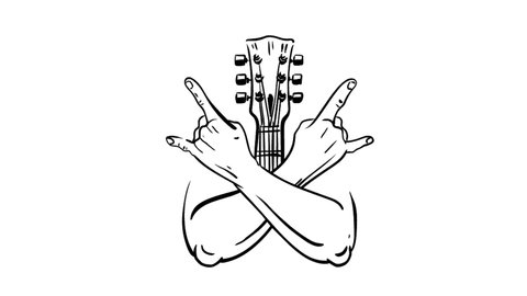 Man's hands. Part of the guitar. The drawn character. White background. Musical style. 2D animation. Logo. Isolated. Rock music. Music Festival. Design element.