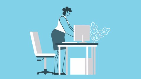 Cartoon angry woman working on a broken computer at workplace. Flat Design 2d Character Isolated Loop Animation with Alpha channel