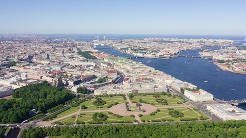 Panoramic aerial view of the city center of St. Petersburg in clear sunny weather, Russia, Aerial View Hyperlapse