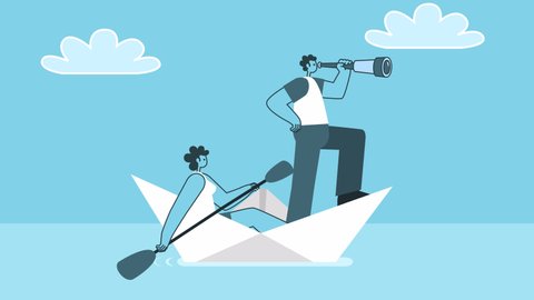 Cartoon teamwork concept. Man looking through a telescope and a woman row with oars of paper boat. Flat Design 2d Characters Isolated Loop Animation with Alpha Channel