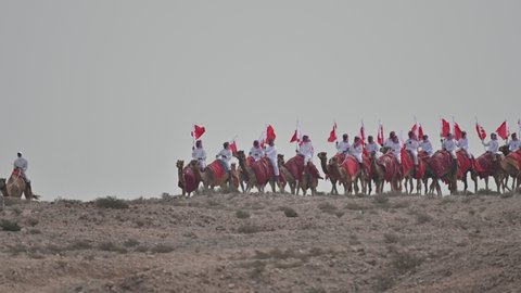 MANAMA , BAHRAIN - December 16: A group of Bahrain local people riding camel holding national flag in desert on  the occasion of Bahrain National Day. Manama, Bahrain on December 16,2021