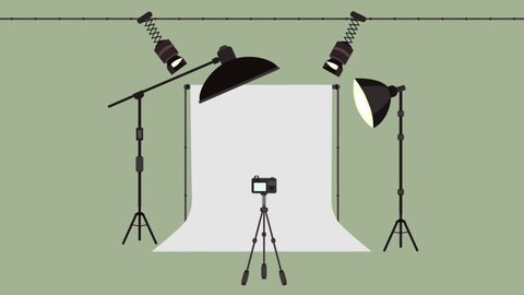 Animated Video of a Professional Photo Studio having Camera on Tripod Stand and Lights Focused on the White Reflecter