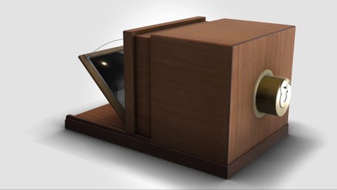 Daguerreotype camera - rotation zoom out - 3d animation model on a white background