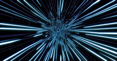 Dynamic cosmic background with abstract glowing moving neon rays and particles. Energy tunnel. The concept of hyper-jump, galaxy, speed of light, big bang, universe. 4K video