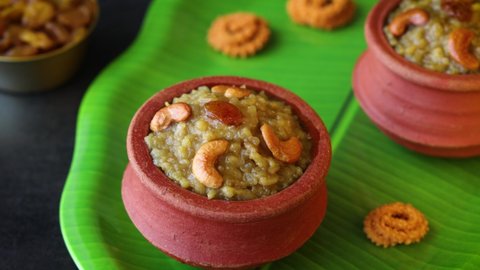 Sakkarai pongal Indian festival food. Traditional mithai sweet dessert made on the festival day of Pongal Makar Sankranti in India.