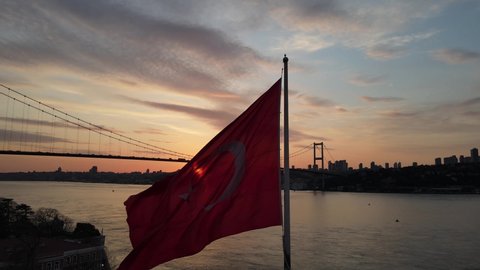 Turkish Flag and Bosphorus Bridge Drone Video Uskudar Istanbul Turkey