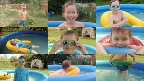 Montage of Happy funny wet baby boy in protective goggles showing tongue laughing floating at inflatable rubber swimming pool joyful male kid relaxing surrounded by water splash having positive