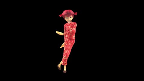 Character Girl Dancing, Chinese New Year, 3d rendering, Animation Loop, cartoon, included in the end of the clip with Alpha matte.