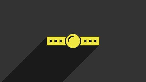 Yellow Silicone ball gag with a leather belt icon isolated on grey background. Fetish accessory. Sex toy for men and woman. 4K Video motion graphic animation.