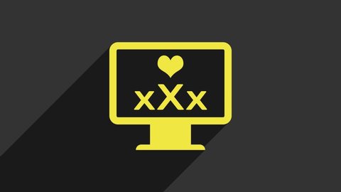 Yellow Computer monitor with 18 plus content heart icon isolated on grey background. Age restriction symbol. Sex content sign. Adult channel. 4K Video motion graphic animation.