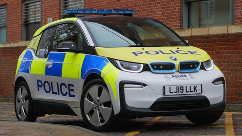 Norwich, Norfolk, United Kingdom. December 19, 2021. Norfolk and Suffolk Constabulary BMW i3 Incident Response Vehicle electric powered police car at Norwich Police Bethel Street Station.