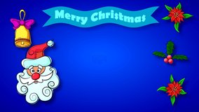 Looped abstract animation with Santa Claus on a gradient blue background with free space for text, with blue wavy ribbon and bell, holiday congratulations.