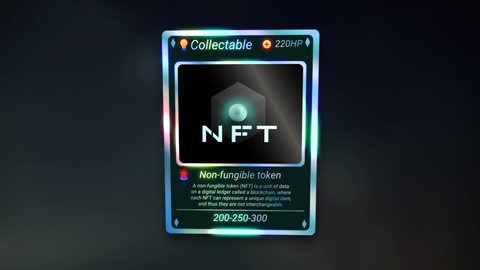 NFT explanation card. Loop animation, violet cyberpunk, collectible style card. 90's style collectible, very rare card design.
