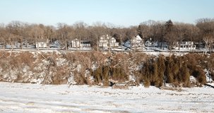 Cinematic Aerial Footage Along Shoreline of Frozen Lake Michigan