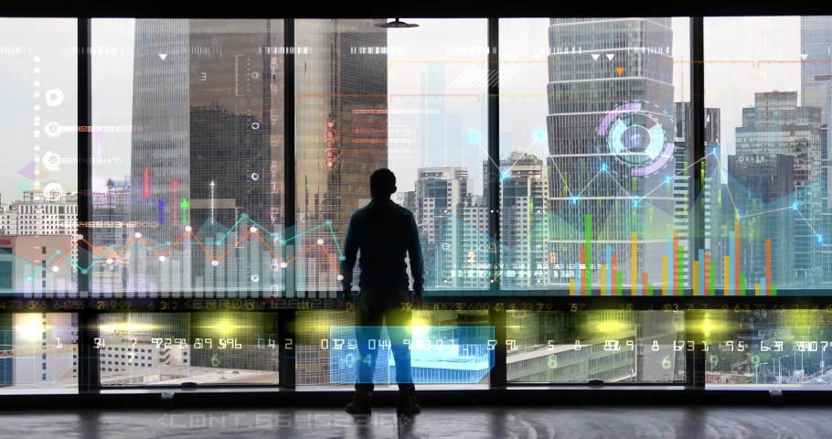 4k businessman back raising victory arm, Overlooking the urban from window. financial chart, Business tech digital Data trend hud Graph, Changing Economic node line, Digital Tableau of Stock Market Values. Royalty-Free Stock Footage #1084131886