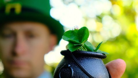 Saint Patrick festive. clover leaf in a black leprechaun bowler hat in the hand of a man in a sunny spring garden.Four-leaf clover. Good luck symbol.Irish traditional spring holiday. 4k footage