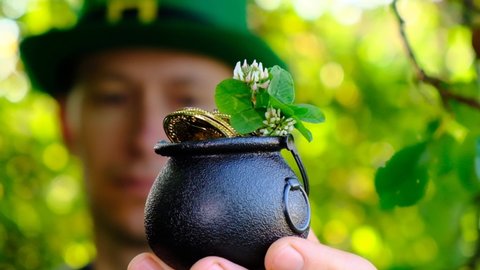 Saint Patrick background.clover leaf in a leprechaun bowler hat in the hand. 4k footage