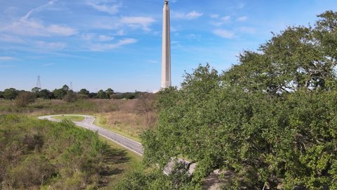 Aerial Shot Of San Jacinto Monument unincorporated Harris County, Texas, near the city of Houston United States of America 4k Clip.