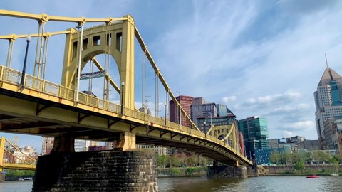 Pittsburgh , Pennsylvania , United States - 08 21 2021: Famous Roberto Clemente Bridge in Pittsburgh