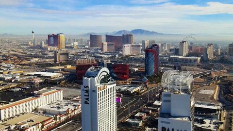 Las Vegas, , United States - 07 23 2021: Aerial view of the Palms place and the cityscape of Las Vegas, Nevada - circling, drone shot