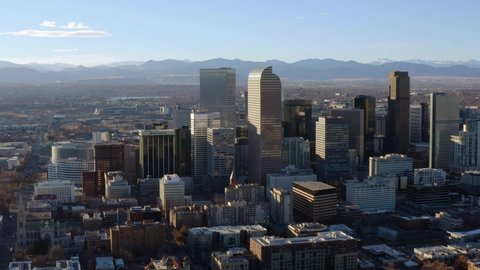 Denver , United States - 11 06 2021: Aerial view around the downtown of Denver, autumn in USA - orbit, drone shot