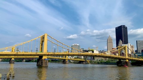 Pittsburgh , Pennsylvania , United States - 08 21 2021: Pittsburgh City Skyline Panning right Panoramic view