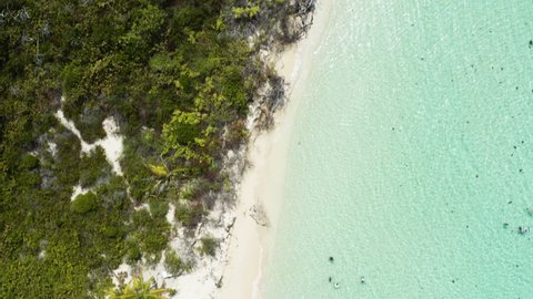 Pristine White Sand Beach on Tropical Cayo Icacos Island, Aerial Overhead Bird's Eye view