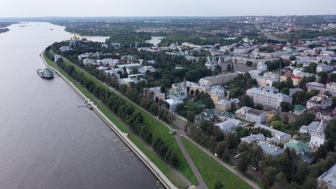 Aerial drone view of the historic part of the Yaroslavl city and river Volga, Yaroslavl Oblast, Russia