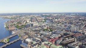 Inscription on video. Stockholm, Sweden. Panoramic aerial view of the city center. Glitch effect text, Aerial View