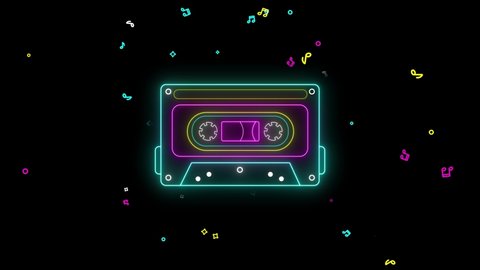 4k neon retro cassette tape colorful lights show,music notes flying and dark background,music concept and nostalgic background