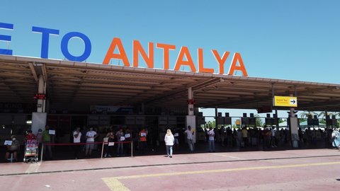 Turkey, Antalya, 20 August-2021. Inscription - Welcome to Antalya. This is the first invitation to Antalya seen by tourists leaving the airport building upon arrival.