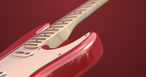 Closeup Metallic Red Electric Guitar Flying Slowly. Macro Shot With Depth Of Field. Art And Entertainment Related 4K 3D Motion Graphics.