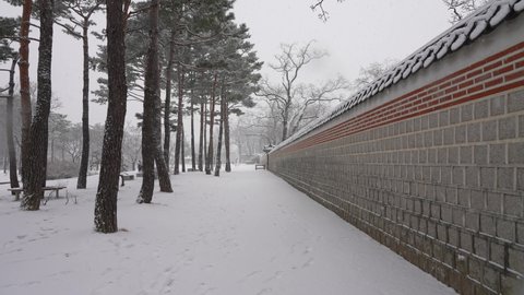 It's snowing on the stone wall road of Gyeongbokgung Palace in Seoul