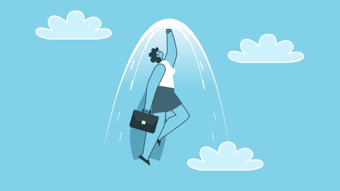 Woman Superhero with Briefcase Flies Up at High Speed. Flat Design Cartoon Character Isolated Loop 2d Animation with Alpha Channel