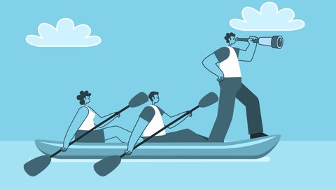 Cartoon Man looking through a telescope and his team rowing oars. Teamwork business concept. Flat Design 2d Characters Isolated Loop Animation with Alpha Channel
