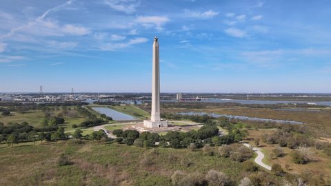 Aerial Shot Of San Jacinto Monument unincorporated Harris County, Texas, near the city of Houston United States of America 4k Clip.