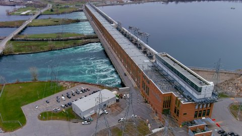 Beauharnois-Salaberry, Quebec, Canada - NOVEMBER 25, 2021: View of the Beauharnois Hydroelectric Generating Station along the Saint Lawrence Seaway on the Saint Lawrence River, in Quebec, Canada. High