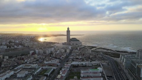 A drone footage image for Mosque HASSAN 2 and the ocean in old city casablanca   A masterpiece of Arab-Muslim architecture in morocco Casablanca  