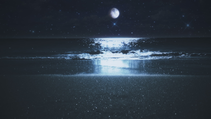 Moonlight Over Ocean Waves Washing Beach Sand, Full Moon Glow. Full moon glow over ocean waves on a sand beach at night. Waves washing up sand beach Royalty-Free Stock Footage #1084161583