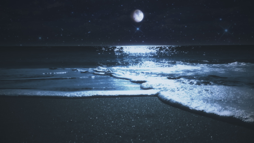 Moonlight Over Ocean Waves Washing Beach Sand, Full Moon Glow. Full moon glow over ocean waves on a sand beach at night. Waves washing up sand beach Royalty-Free Stock Footage #1084161583