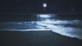 Moonlight Over Ocean Waves Washing Beach Sand, Full Moon Glow. Full moon glow over ocean waves on a sand beach at night. Waves washing up sand beach - Powered by Shutterstock - Get 15% off with code: PIKWIZARD15