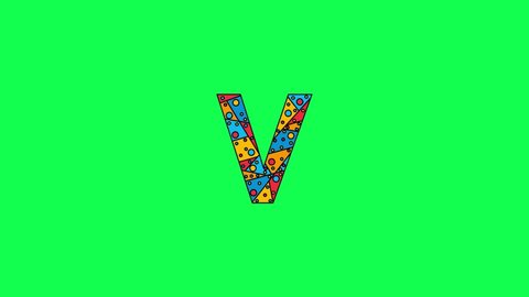 Letter V. Animated unique font made of circles and triangles, polygons. Bauhaus geometric mosaic style. Bright colors. Letter V for icons, logos, interface elements. Green chromakey background, 4K