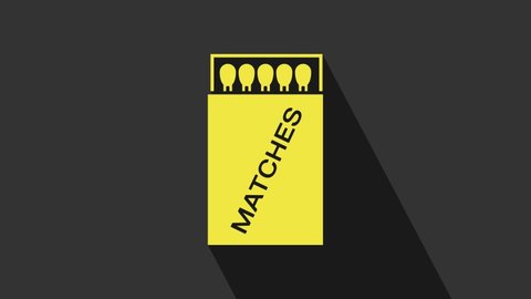 Yellow Open matchbox and matches icon isolated on grey background. 4K Video motion graphic animation.